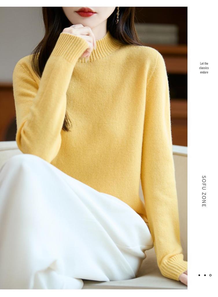 Women's 25% Pure Wool Seamless Half-High Collar Sweater - Autumn/Winter Warm Base Layer Knitwear