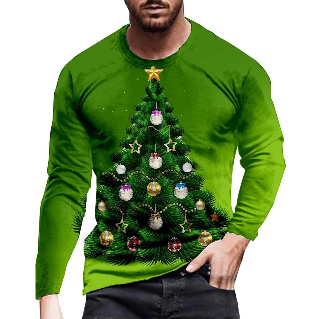 Men's Long Sleeve 3D Printed Santa Claus Cartoon Printed Tops Christmas Party Casual Men's Fashion Round Neck Long Sleeve