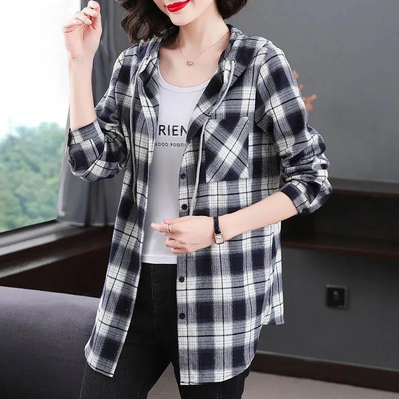 Košile Dámská bavlněná kostkovaná košile s kapucí s dlouhým rukávem Top Volné Peplum Běžné Košile s dlouhým rukávem