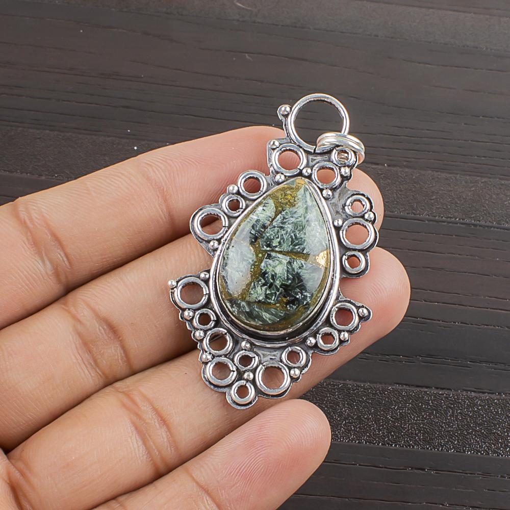 Натуральный Серафинит Медный Камень 925 Пробы Серебро Ювелирное Изделие Подвеска 2.14  AJP-2477