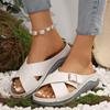 Flat Casual Slippers with Cross Belt Buckle Solid Color Beach Shoes