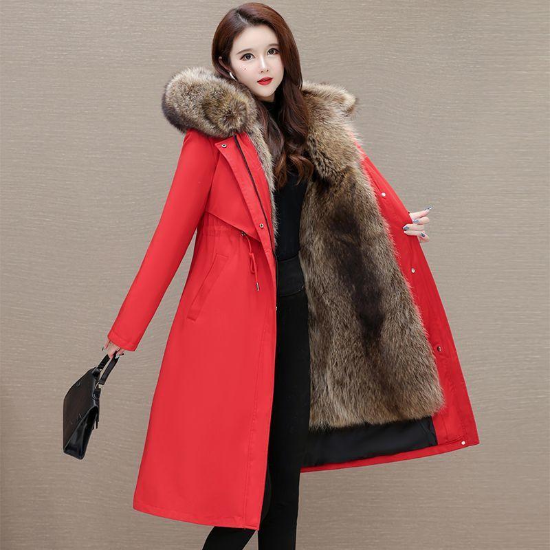 Haining Fashion Temperament Women Winter Coat Faux Fur Lined Detachable Hood Thick Warm Parka Jacket for Mother Coat