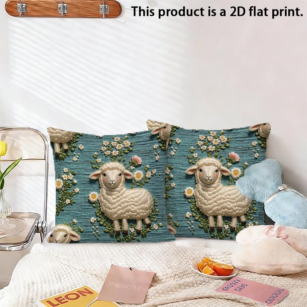 2pcs Cozy Farmhouse Sheep Floral Throw Pillow Covers 2D Flat Print Decorative Cushion Cases for Sofa Bedroom Living Room