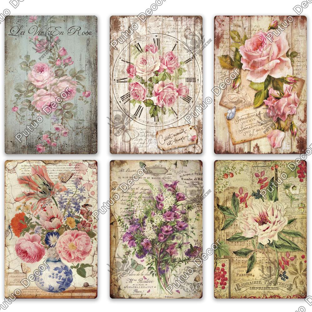 Putuo Decor Flower Vintage Poster Plaque Metal Tin Sign Wall Decorative for Barn Room Kitchen Garage Iron Painting