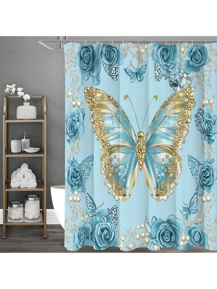 Blue Butterfly Rose Gold Shower Curtain, Bathroom Decorative Shower Curtain, Waterproof Shower Curtain With Hooks W60H190(CM)-1 Pcs