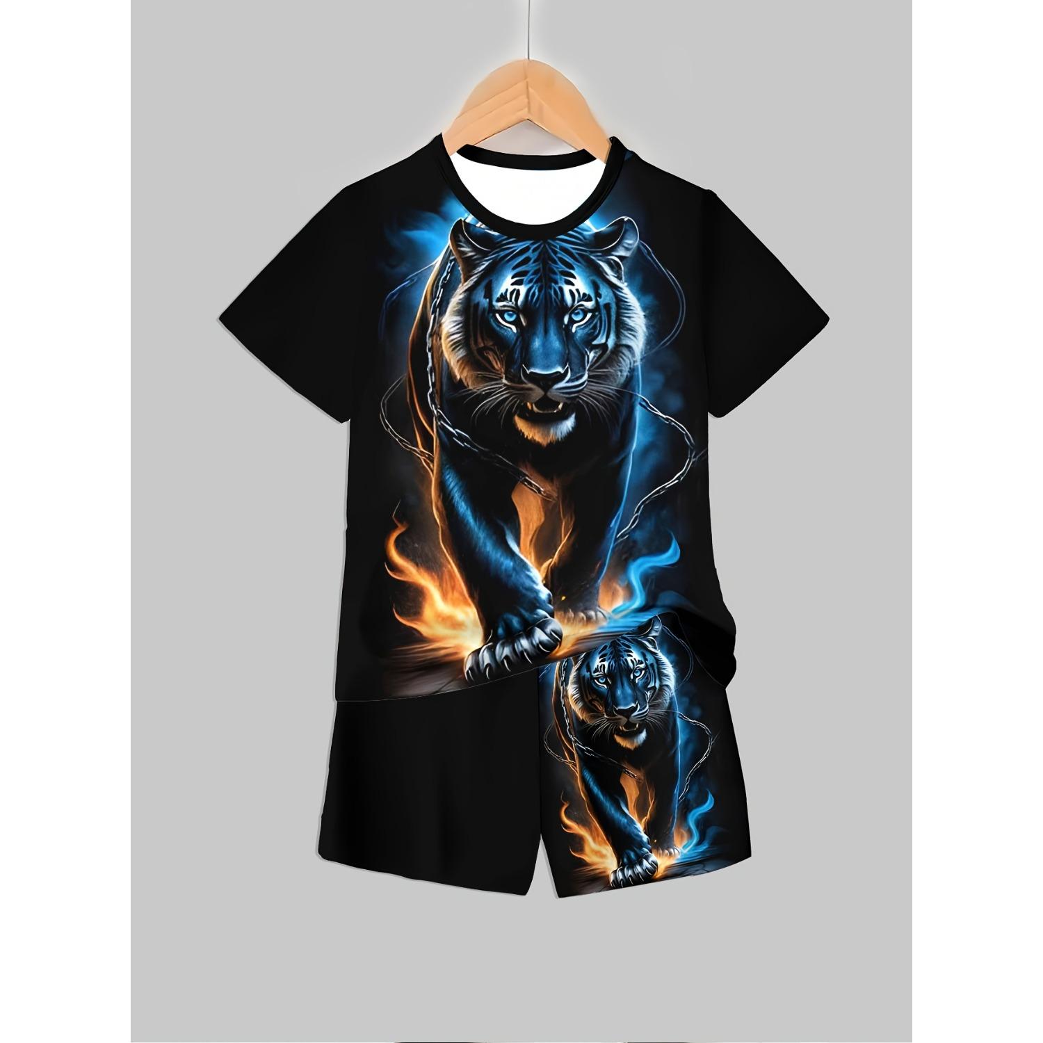 

Boys Summer Short Sleeve Shorts Set - Street Style Fashion 3D Printed Tiger Round Neck Short Sleeve+Casual Shorts 5-6 Years