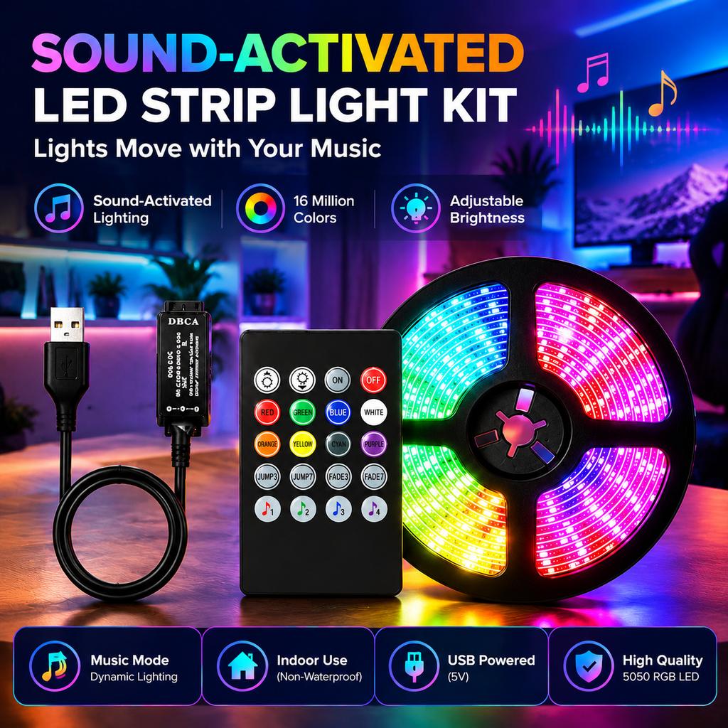 5050 RGB LED Strip Light Kit with Sound-Activated Controller and Remote, USB Powered