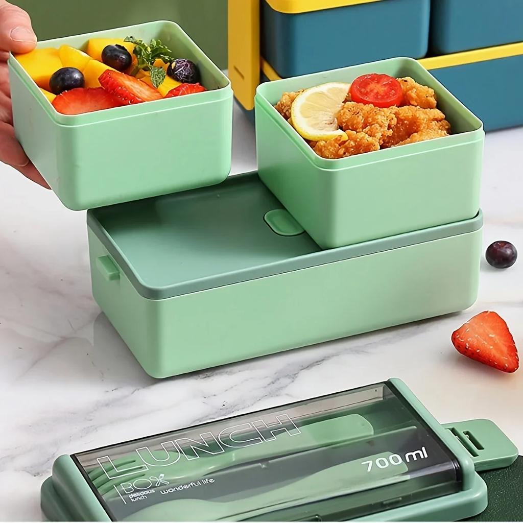 1pc-Lunch Box Thickened Plastic Divided Compartment Double Layer Meal Box Office Worker Bento Box Microwave Oven Available