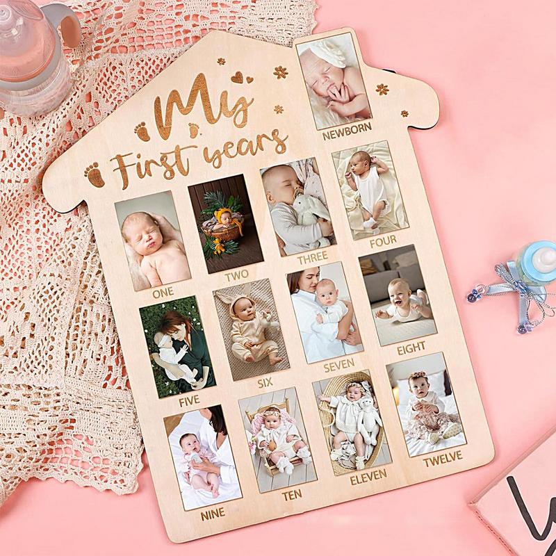 12 Months Photo Frame First Birthday Wood Board Photo Banner Newborn To 12 Months Desktop Ornament For Newborn Boys Or Girls