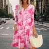 Women's Summer Dress Loose V Neck Three-quarter Sleeve Sundress With Pockets Dress
