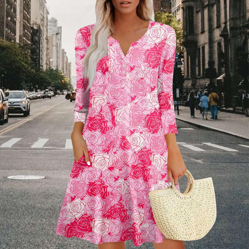 Women's Summer Dress Loose V Neck Three-quarter Sleeve Sundress With Pockets Dress