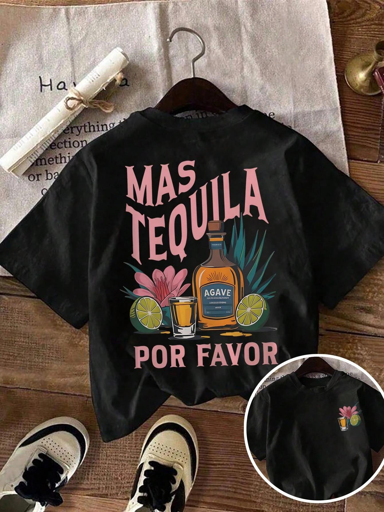 

Mas Tequila Por Favor Printed TShirts Womens Summer Cotton Short Sleeve ONeck Comfortable Loose Tops Casual Womans Clothes S