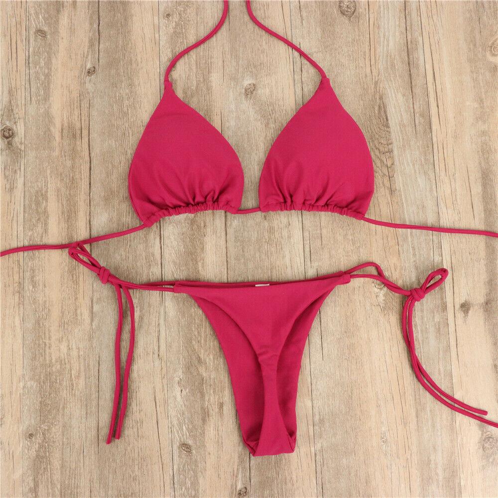 New Women Sexy Hanging Neck Thong Bikini Set Side Tie Swimsuit Bandage Style Split Strap Solid Adjustable Ladies Swimsuit Set
