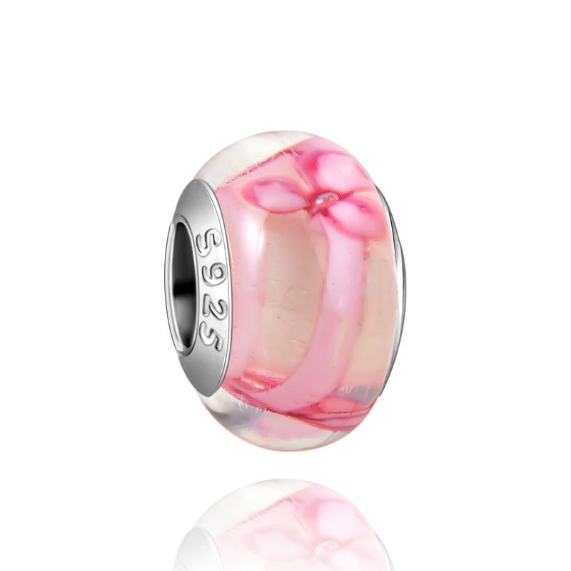  Charm Murano Vague Bleu Foncé Cuivré Coloré Compatible Bracelet Original Joli Charme Perles en Verre de Murano Fleur Rose Bijou