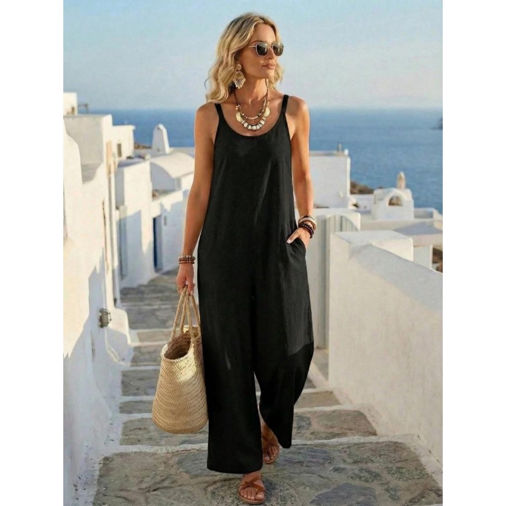 Nuovo Jumpsuit Cami Donna Estivo Monocolore Largo, Stile Vacanza Casual Tendenza Europea Americana per Outfit Crossbody