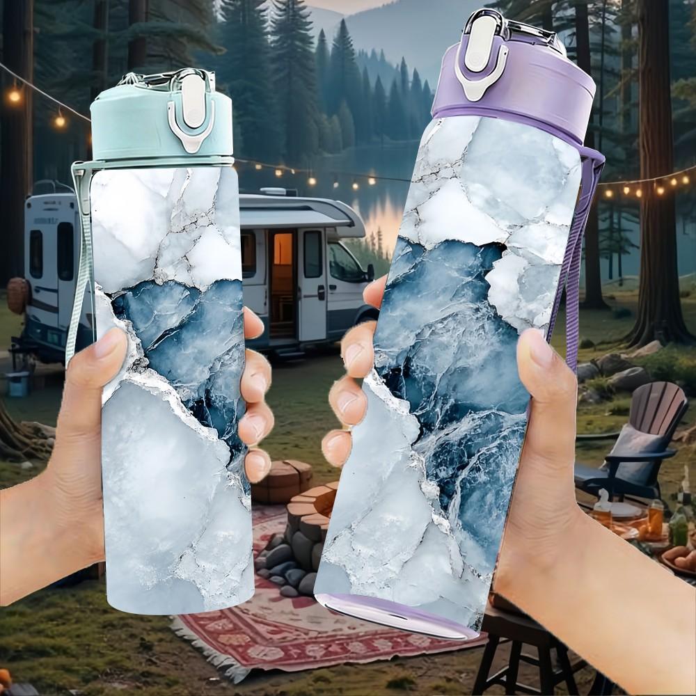 1PC Light Grey Blue Cracked Marble Texture Print 750ml Color Plastic Sports Water Bottle Leakproof Flip Straw Lid Suitable for Sports Office Home Use