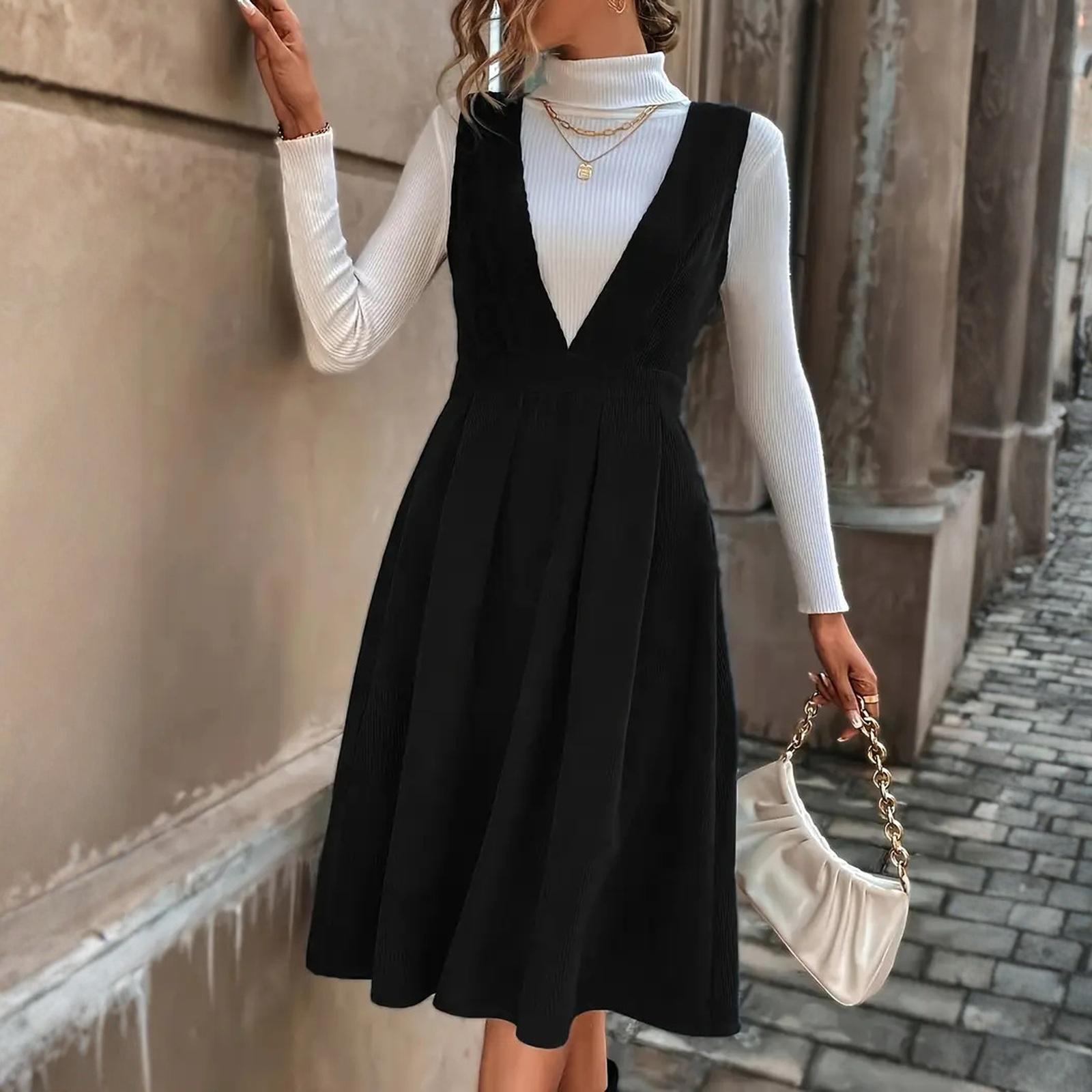 Women s Fashionable And Elegant V-Neck Corduroy Suspender Dress L чёрный