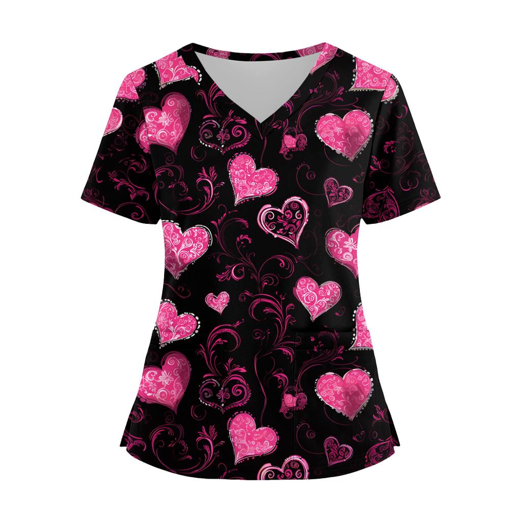 Damenmode V-Ausschnitt Kurzarm Overalls mit Taschen Print Tops Kleidung