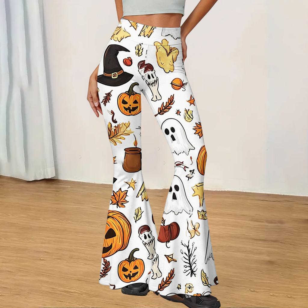 Women's Halloween Print Flared Yoga Pants Stretchy High Waist Casual Fitness Leggings Slim Fit Micro Flare Trousers for Everyday Wear