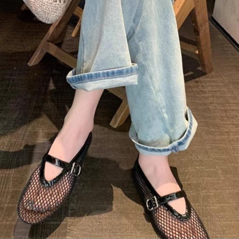 Fashion Flat Single Shoes Women Fashion Round Head Shallow Mouth Mesh Cloth Metal Buckle Soft Sole Non-slip Low-top Shoes