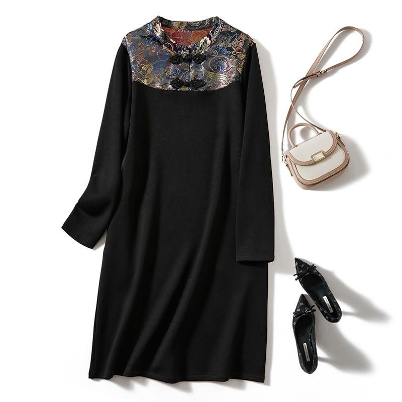 

National Style Elegance Skirt! Women s Long Sleeve Ponte De Roma Rhinestone Buckle Commuter Dress Three-Dimensional Heat Transfer Patch Patchwork Black XL