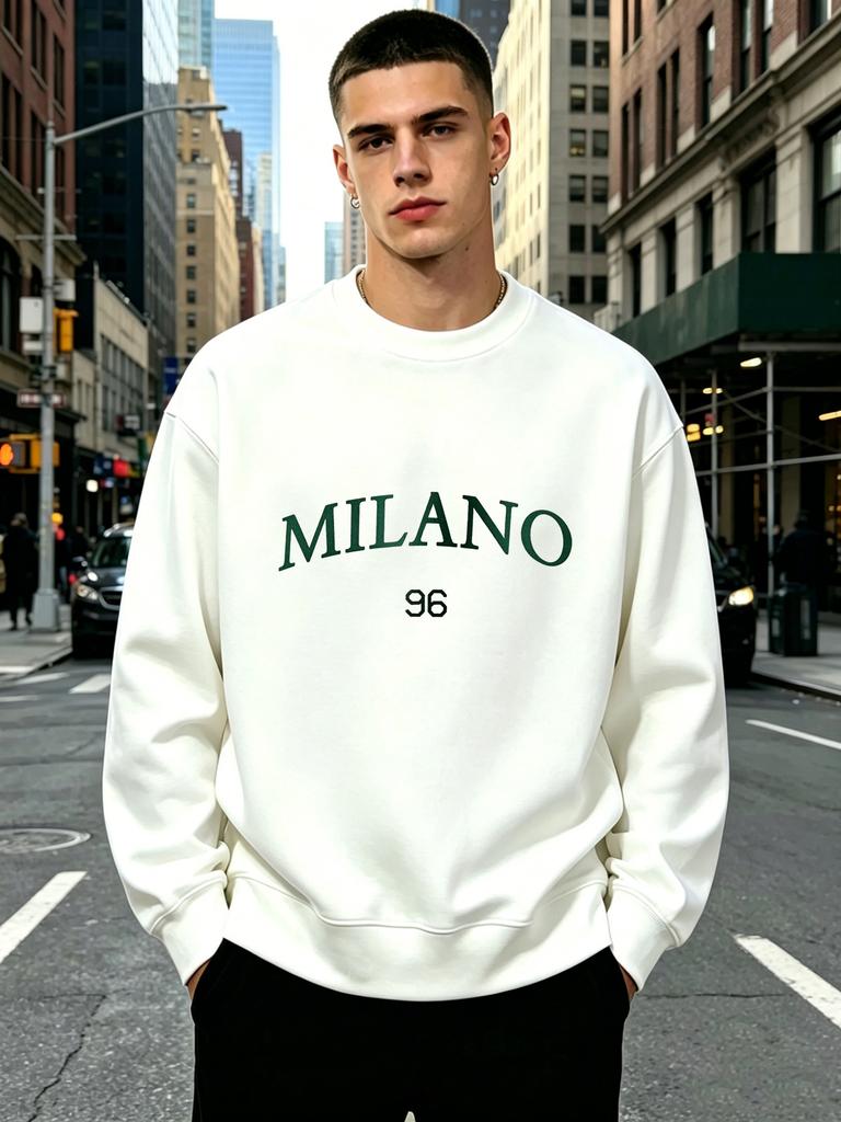 Men'S Crew Neck Long Sleeve Sweatshirt, Minimal Green Embroidered MILANO 96 Letter Pullover, Soft Loose Breathable Basic Casual Sweat Top, E