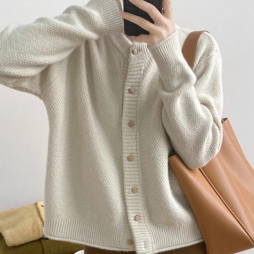 Lazy Style Round-neck Yellow Sweater Jacket for Women Spring and Autumn Knitted Cardigan Loose Solid Color Long-sleeved Casual Sweater Cardigan