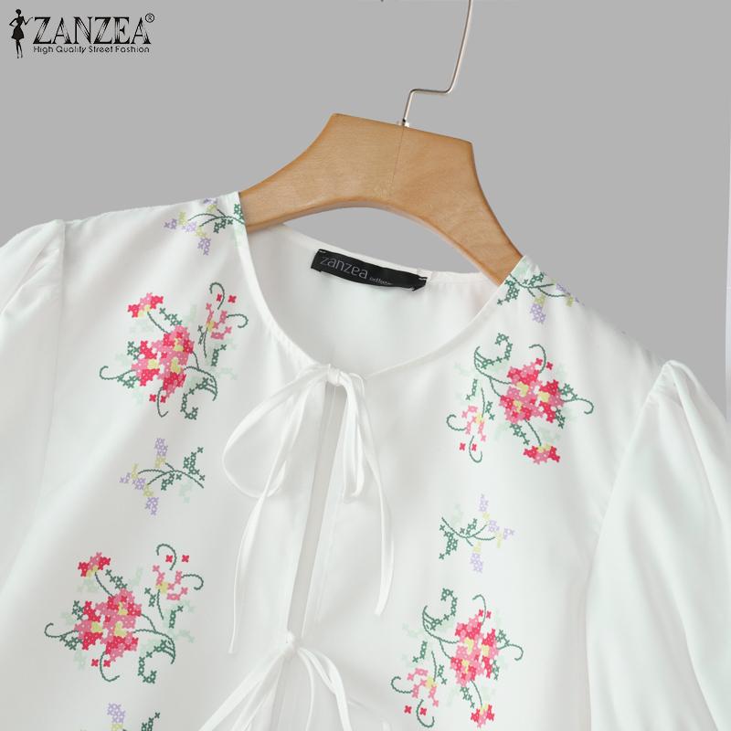 ZANZEA Women Casual Short Sleeve Floral Print Lace Up Cover Up Blouse