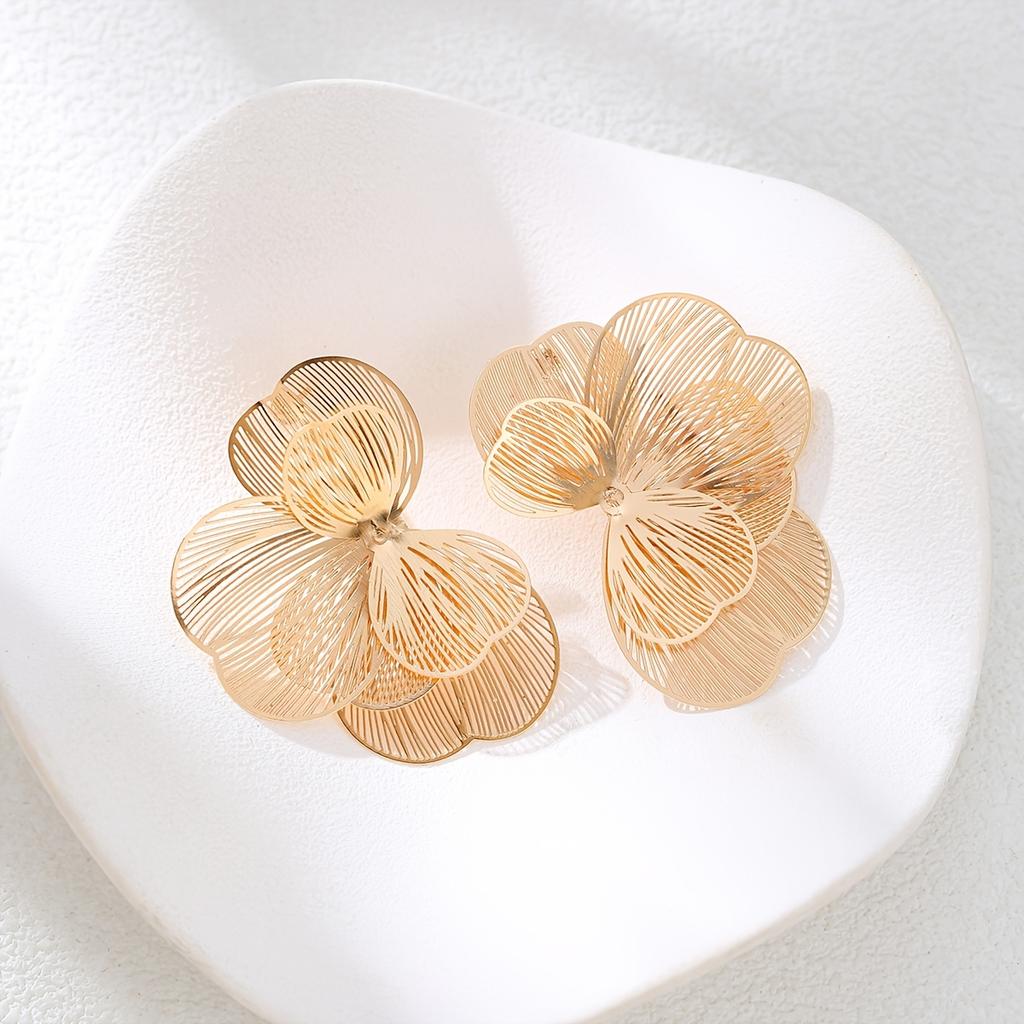 1 Pair Elegant Golden Flower Stud Earrings, KC Gold Plated Zinc Alloy, Chic for Daily/Dating/Parties/Holidays/Gift