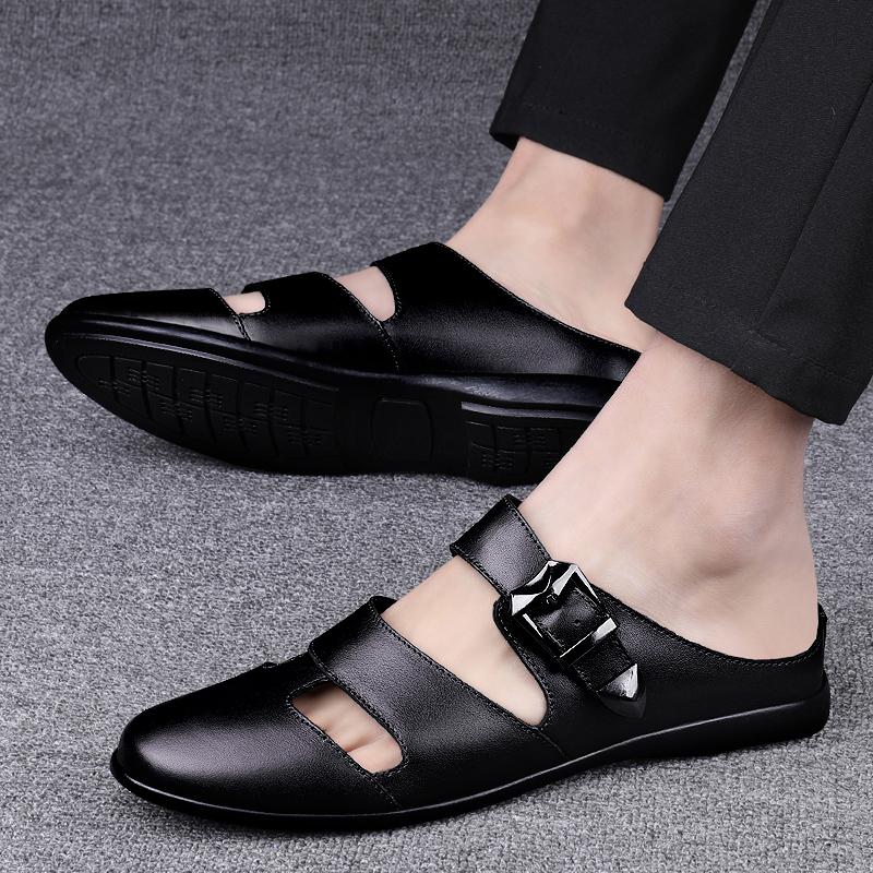 Semi-Drag Loafers Slipper Man Mules Leather Summer Backless Casual Shoes Slip On Flats Half Shoes For Men Slides Sandals Outdoor