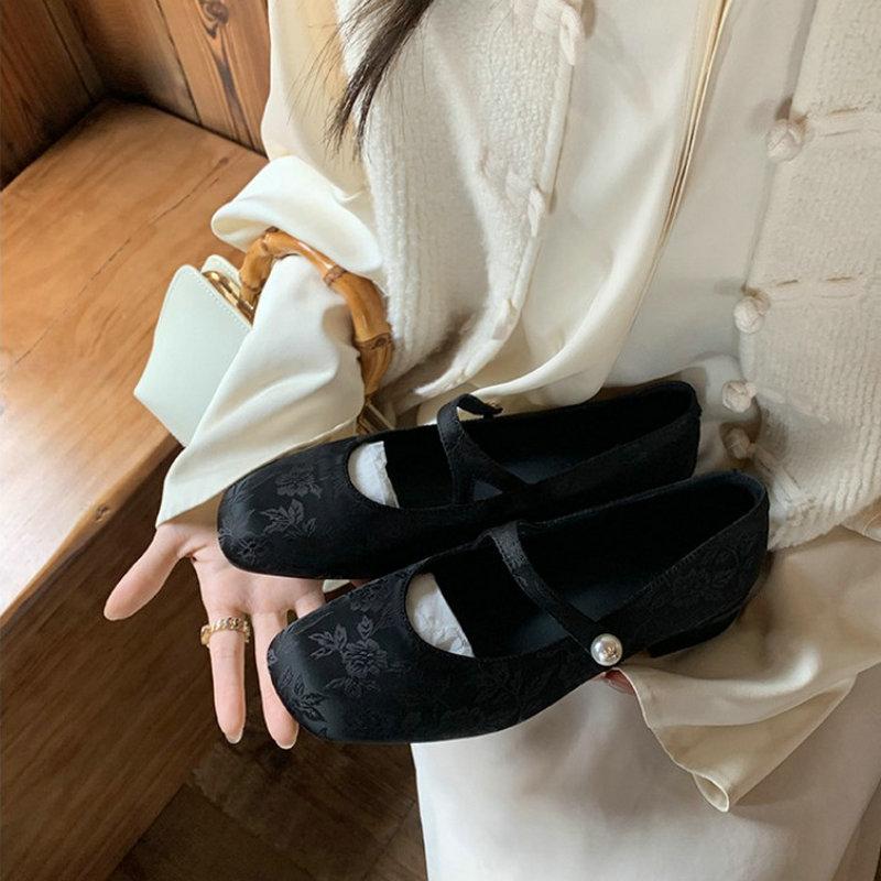 Fashion Flat Shoes for Women 2025 Spring and Autumn Pearl Square Toe Jacquard Mary Jane Women's Shoes