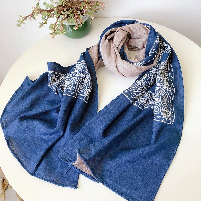 Retro Autumn & Winter Blue Warm Cotton Scarf For Women Versatile Floral Printed Shawl And Scraf