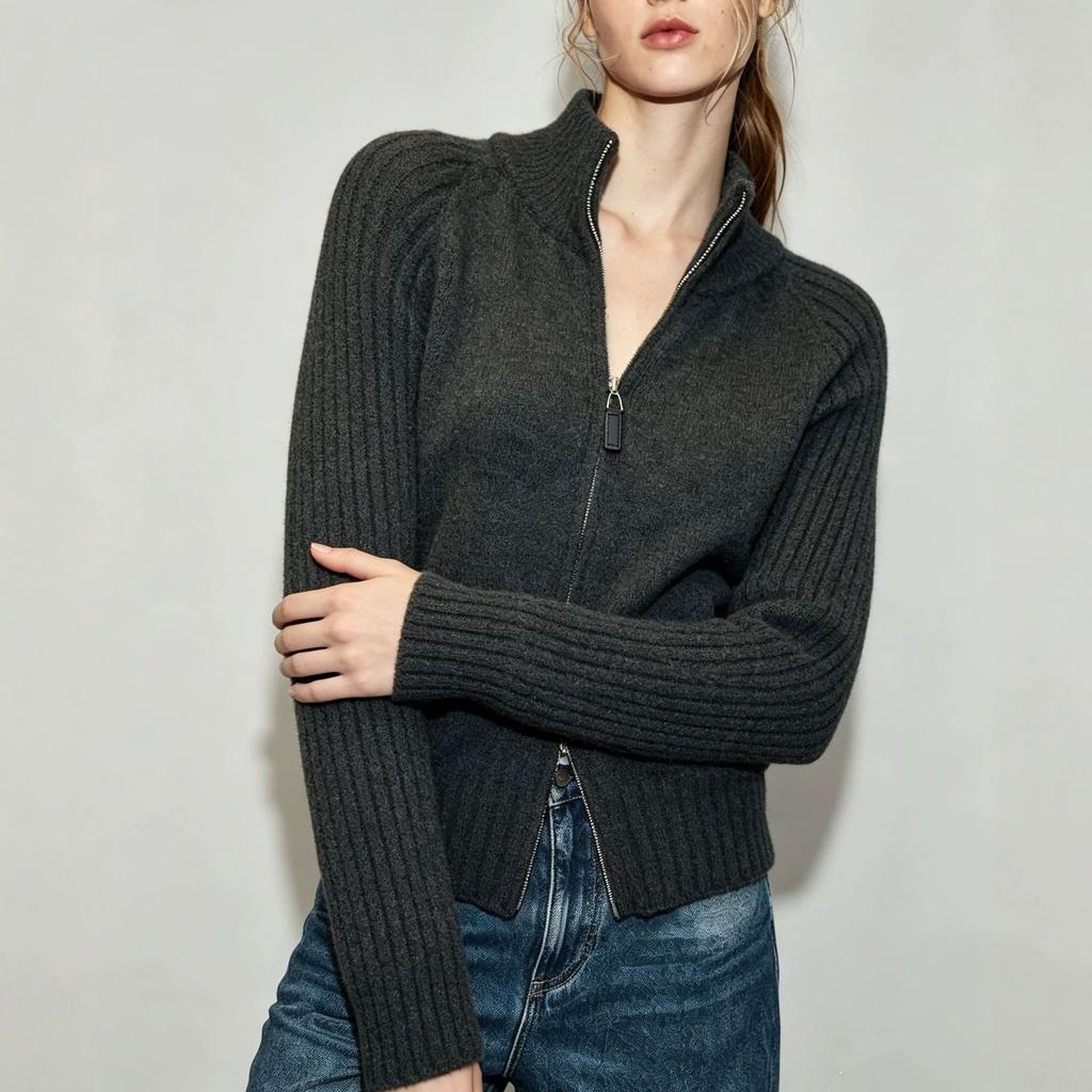 Women's Slim Fit Knitted Cardigan Sweaters Zip Up Long Sleeve Sweater Cardigans Casual Cozy Fall Knit Stand Collar Sweater Jackets Outwear for Women