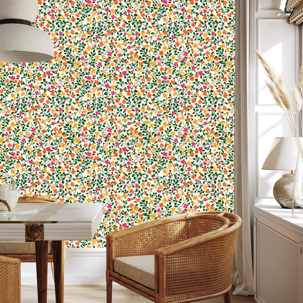 Wallpaper Small Flowers Green and Cream for Living Room and Bedroom 50x1000