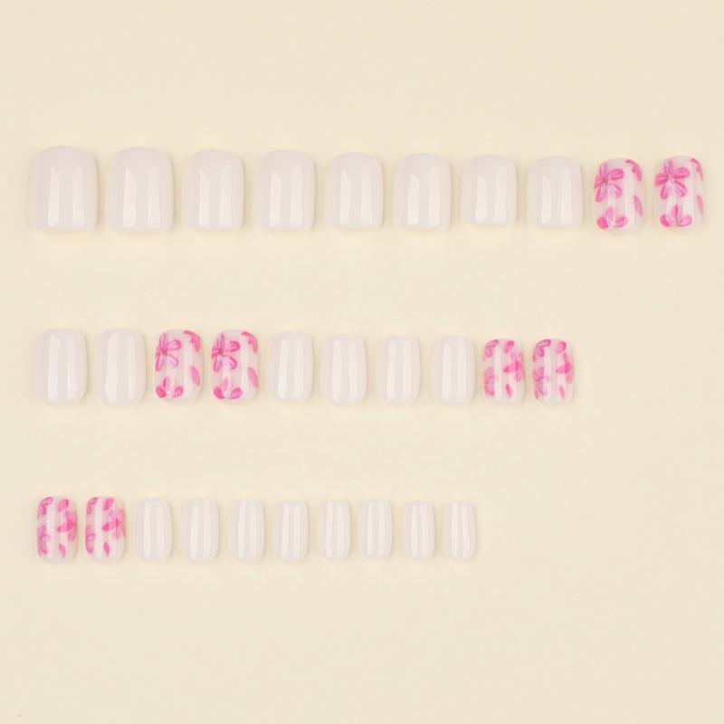 30 Pcs Glossy Full Cover False Nail Short Square Press On Nail Pink Flowers Stick on Nail Solid Color Acrylic Nail
