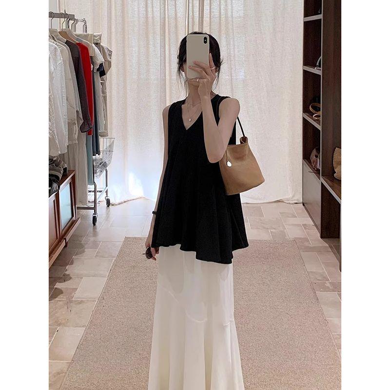2026 Summer French Two-Piece Set: Black Sleeveless Vest & Fishtail Skirt 2XL