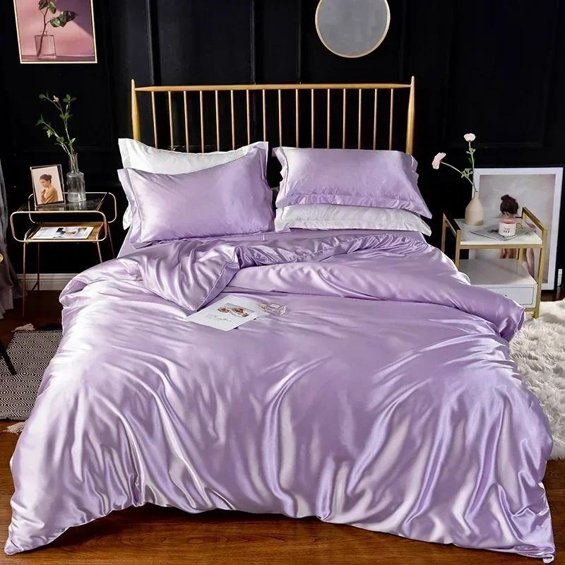 Solid Color Luxury Imitation Silk Duvet Cover Set Soft Breathable Quilt Cover and Pillowcases Hotel Style Smooth Satin Bed Set