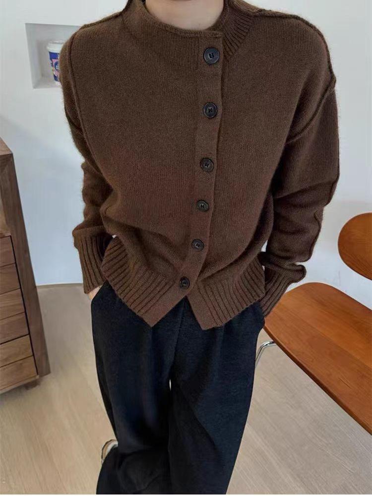 Women's French Retro Wool Cardigan - Irregular, Thick, Stand Collar Sweater for Autumn/Winter
