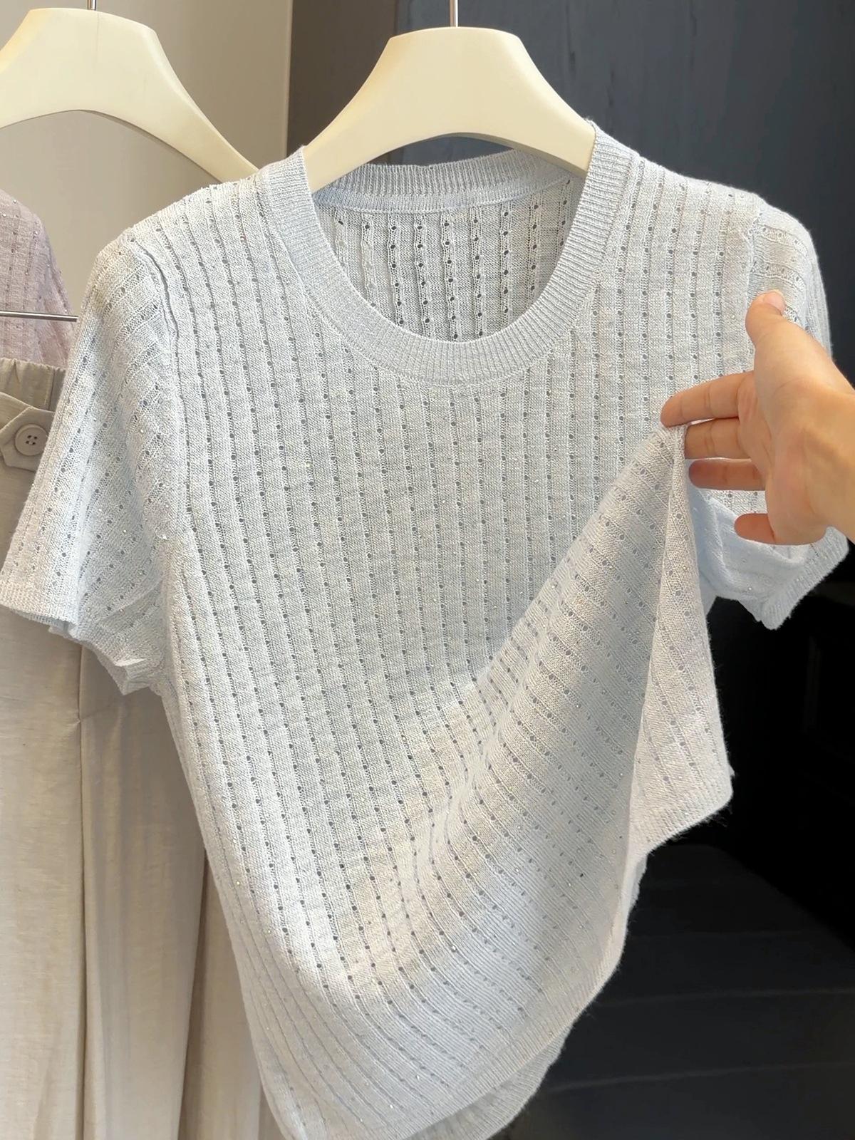 Women s Round Neck Short Sleeve Ice Silk Knit Top Regular Fit Japanese Korean Casual Hollow Rhinestone T Shirt Blouse SIZE