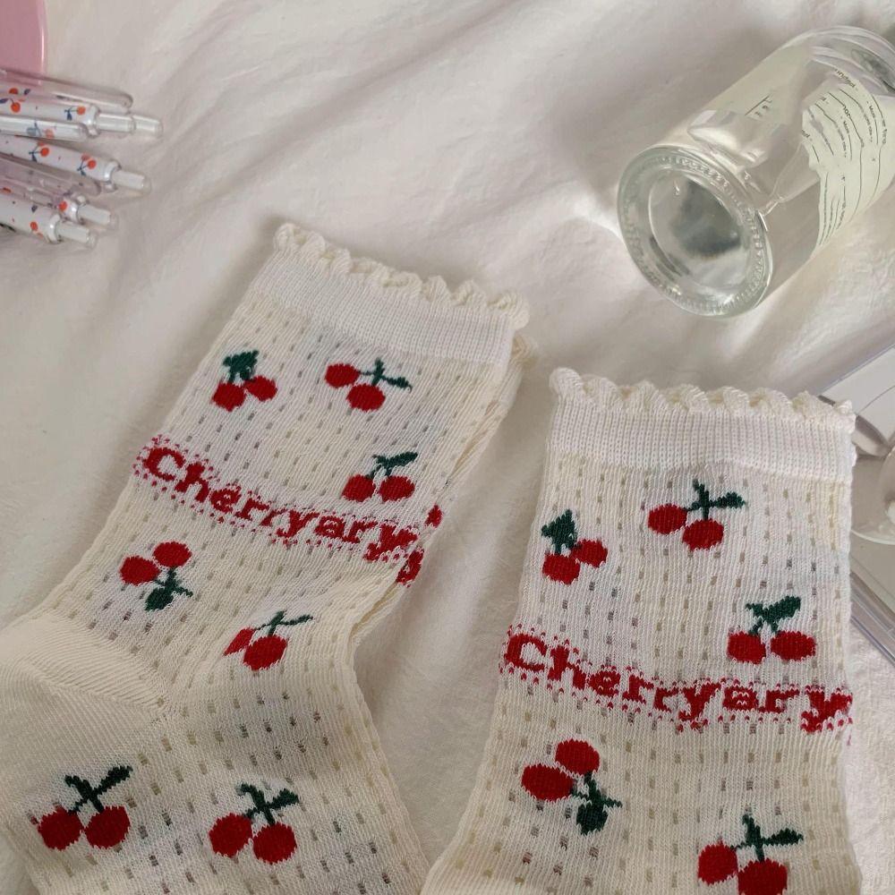 Hollow Out Cherry Short Socks Ruffle Summer Tube Socks Fashion Mesh Ankle Socks  Streetwear