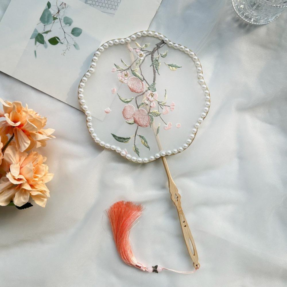 Handmade Embroidery Ancient Style Long Handle Fan Classical Flower Shape Fan  Summer