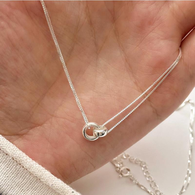 New 925 Silver Necklace Punk Simple Smooth Linked Ring Circles Geometric for Women Girl Fine Jewelry Gift