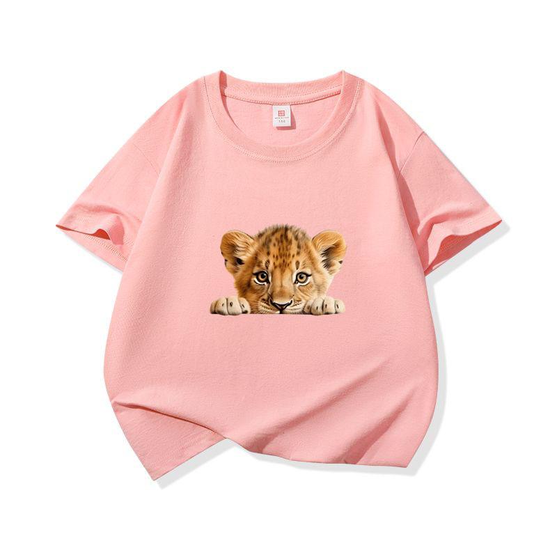 Kids Cotton T Shirt Cute Peeking Lion Cub Print Crew Neck Short Sleeve Tee Casual Breathable Boys Girls Summer Tops