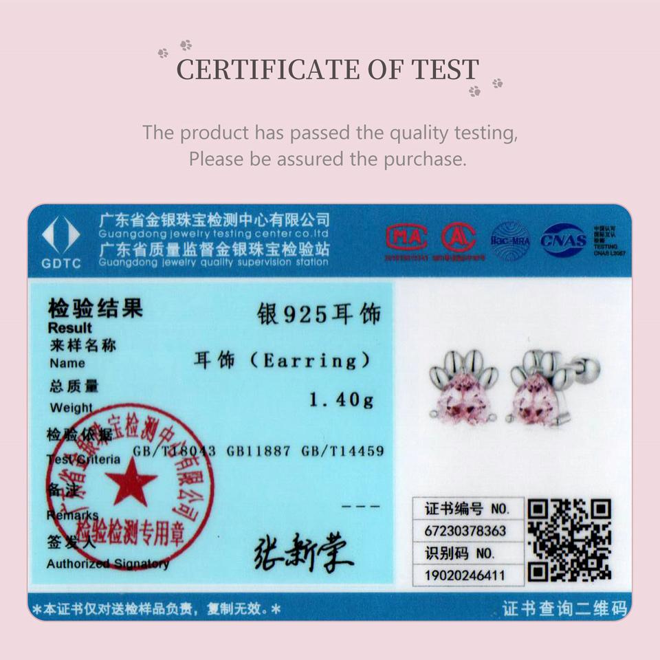 WOSTU 925 Sterling Silver Pink Zircon Pet Dog Paw Stud Earrings For Women Lovely Heart Zircon Ear Studs Birthday Jewelry Gift