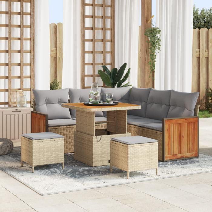 Ensemble de canapé de jardin 8 pièces avec coussins en poly rotin beige Acacia, Canapé de jardin 2 places avec coussins 3363302