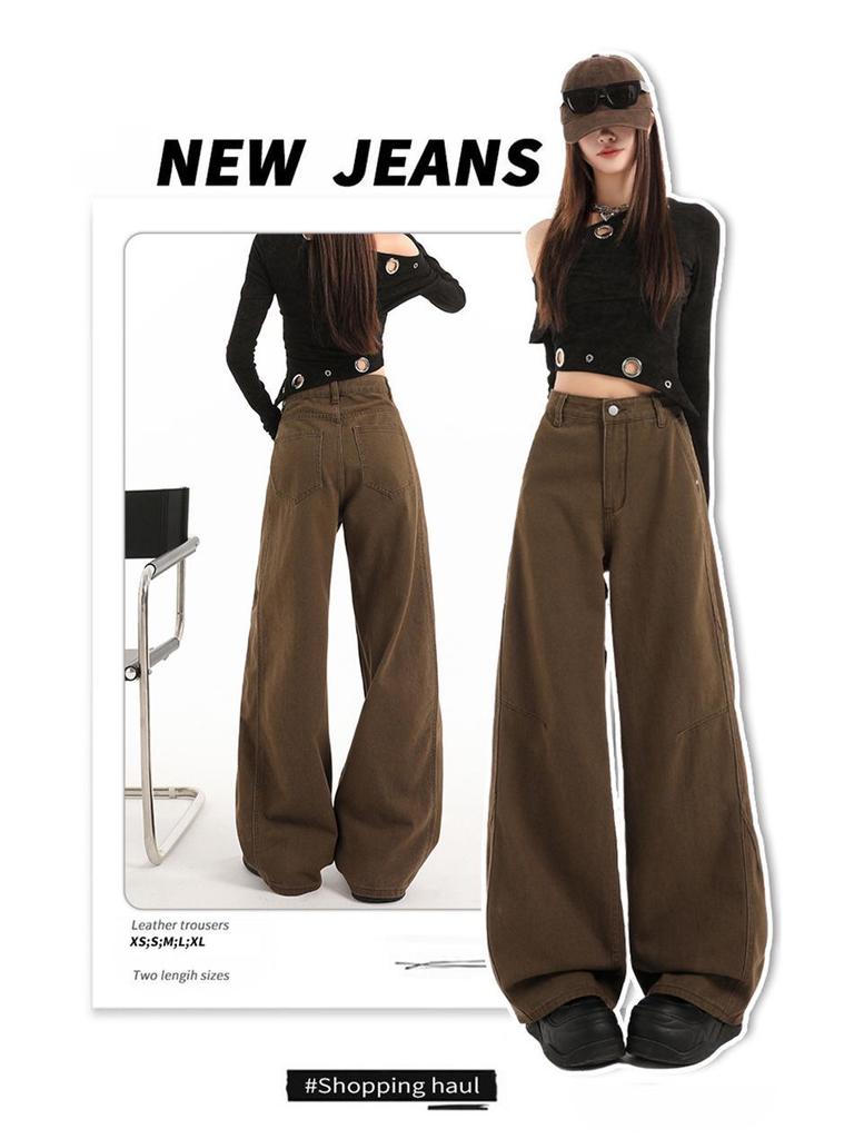 American Retro 2026 High-Waisted Wide-Leg Brown Jeans for Women