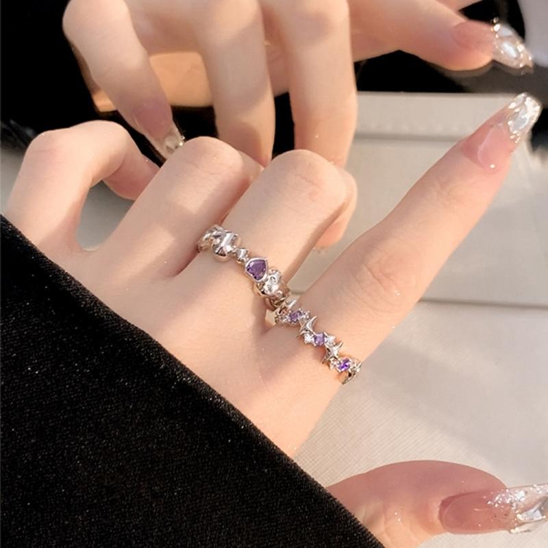 2 Pieces Adjustable Rings Purple Rhinestone Engagement Rings Y2K Rings Aesthetic Jewelry Alloy Material Gift for Women
