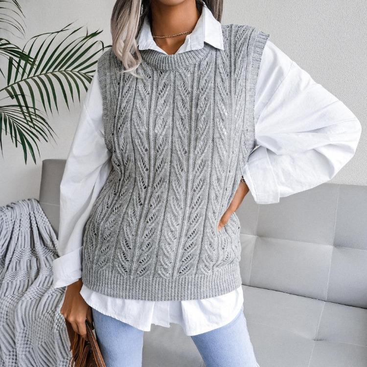 Women Crew Neck Sleeveless Knit Sweater Solid Color Tank Top Cutout Leaf Design Fall Winter Sizes S-L