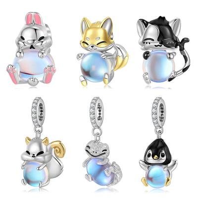 Animal Embrace Series Rabbit Squirrel Dog Charm Pendant 925 Sterling Silver Moonstone Bead Fit Women Jewelry Charm Bracelets
