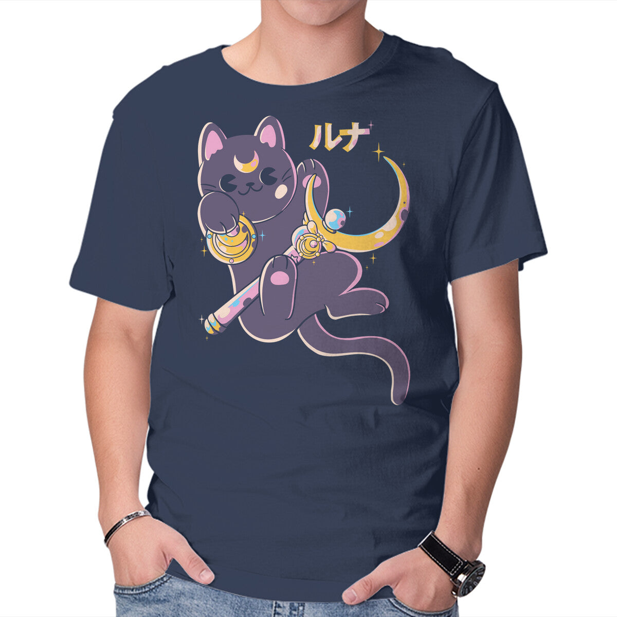 Unisex Crew Neck T-Shirt The Moon Cat Graphic Short Sleeve Casual Tee XXL